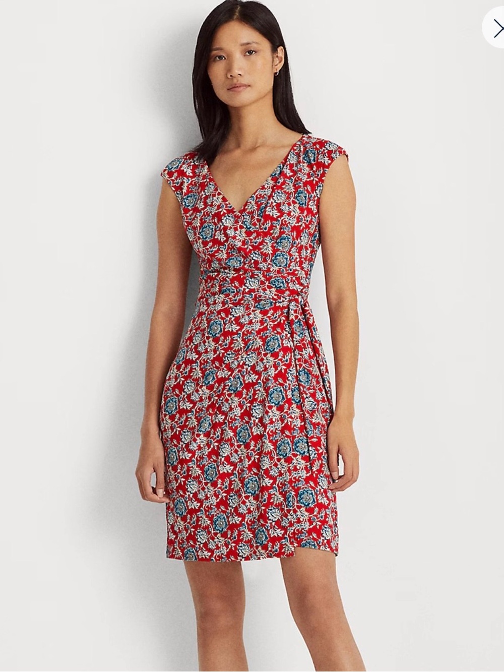 Lauren Ralph Lauren Wrap Dress Sz 10 Midi Floral Jersey Cocktail Stretchy Red